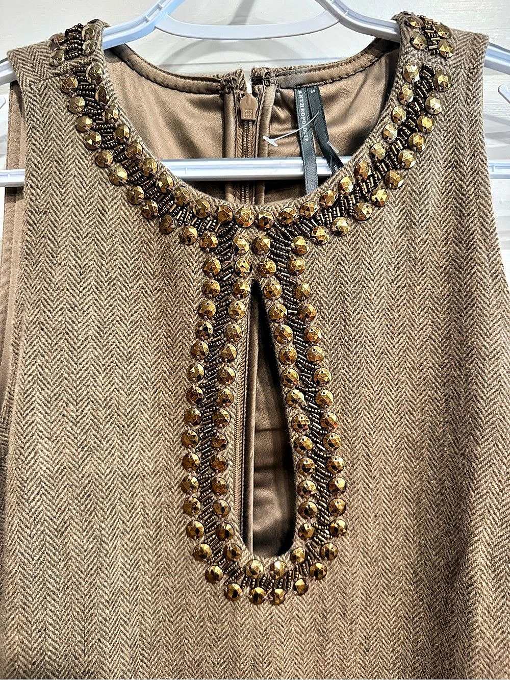 Anthropologie Beaded Keyhole Shift Dress Beaded Mini Dress Brown Size Small NWT - Picture 3 of 7